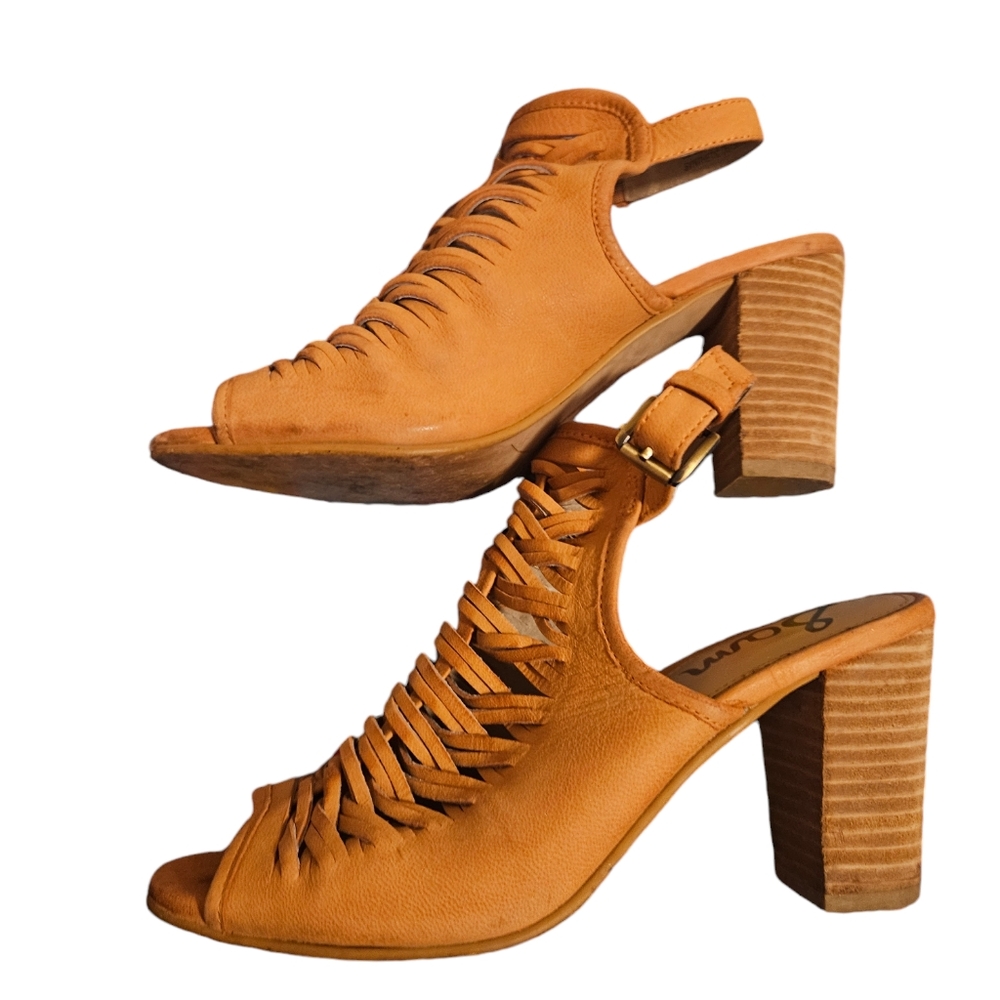 Sam Edelman | Holly | Leather Orange woven peep toe with wooden block heel